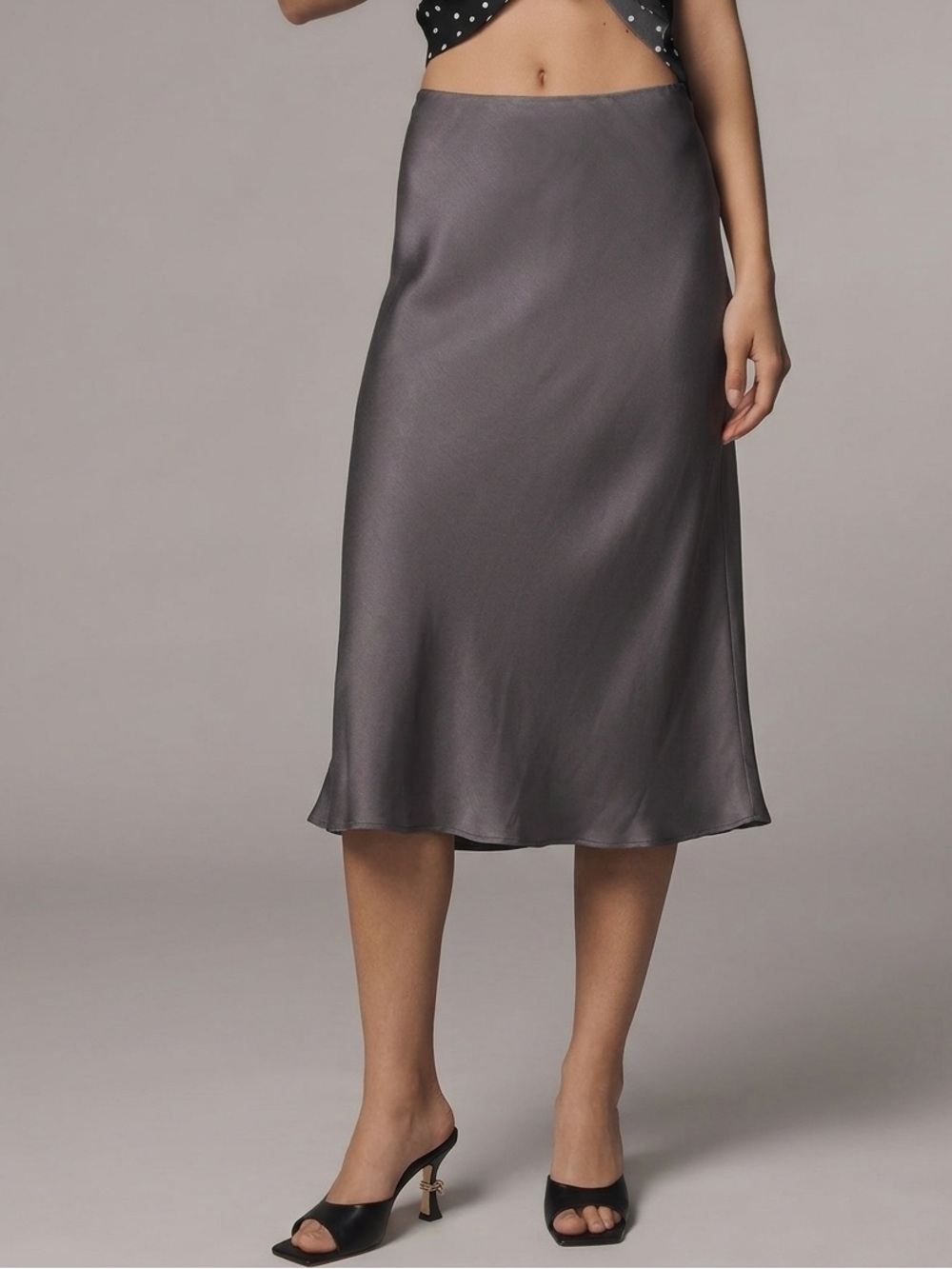 Charcoal Satin Midi Slip Skirt
